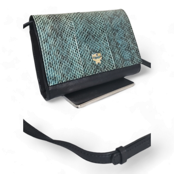 MCM Handbags - MCM Crossbody Black & Turquoise Reptile Leather Bag